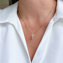 Load image into Gallery viewer, Cz Turquoise Cross Necklace featuring a turquoise-accented cross with cubic zirconia, symbolizing harmony and protection.
