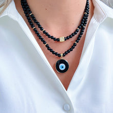 Load image into Gallery viewer, Black Onyx Bead Necklace with a Turkish Evil Eye charm in black glass, combining style and symbolism.
