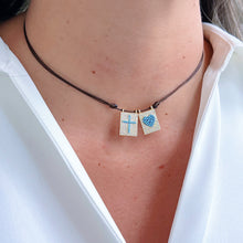 Load image into Gallery viewer, Double Cz Turquoise Scapular Necklace with heart and cross charms
