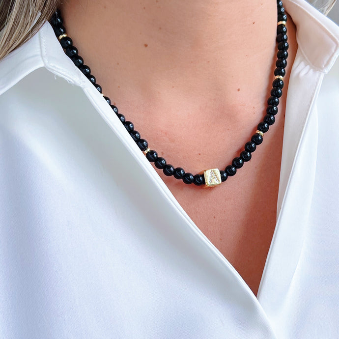 Black Onyx Bead Necklace with Cube Cz Initial Charm