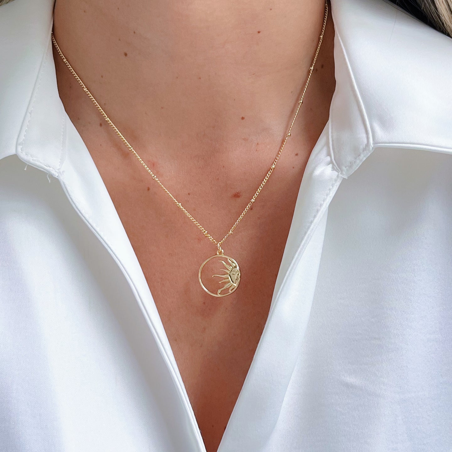 Handcrafted Half Sun Necklace symbolizing positivity, renewal, and vitality. Elegant and meaningful jewelry for everyday wear.