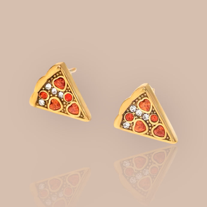 Cute pizza slice stud earrings made from colorful materials, perfect for adding a fun touch to any outfit.