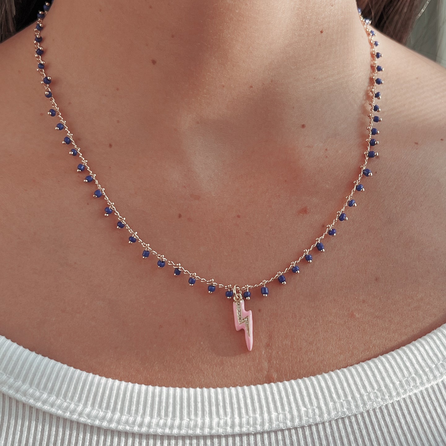 Pink Lightning Bolt Blue Beaded Necklace