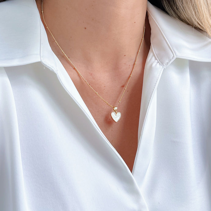 White Heart Necklace with gold-plated chain, handcrafted, limited edition