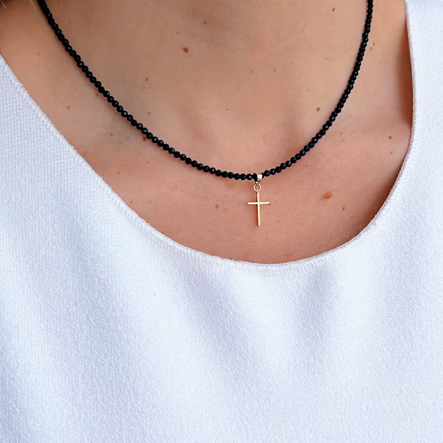 Faith & Protection - Black Spinel Necklace with 14K Solid Gold Cross