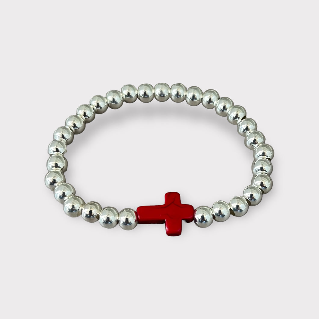 6mm Silver Red Cross Beaded Bracelet