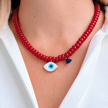 Load image into Gallery viewer, Red Bead Necklace with White Murano Evil Eye Pendant
