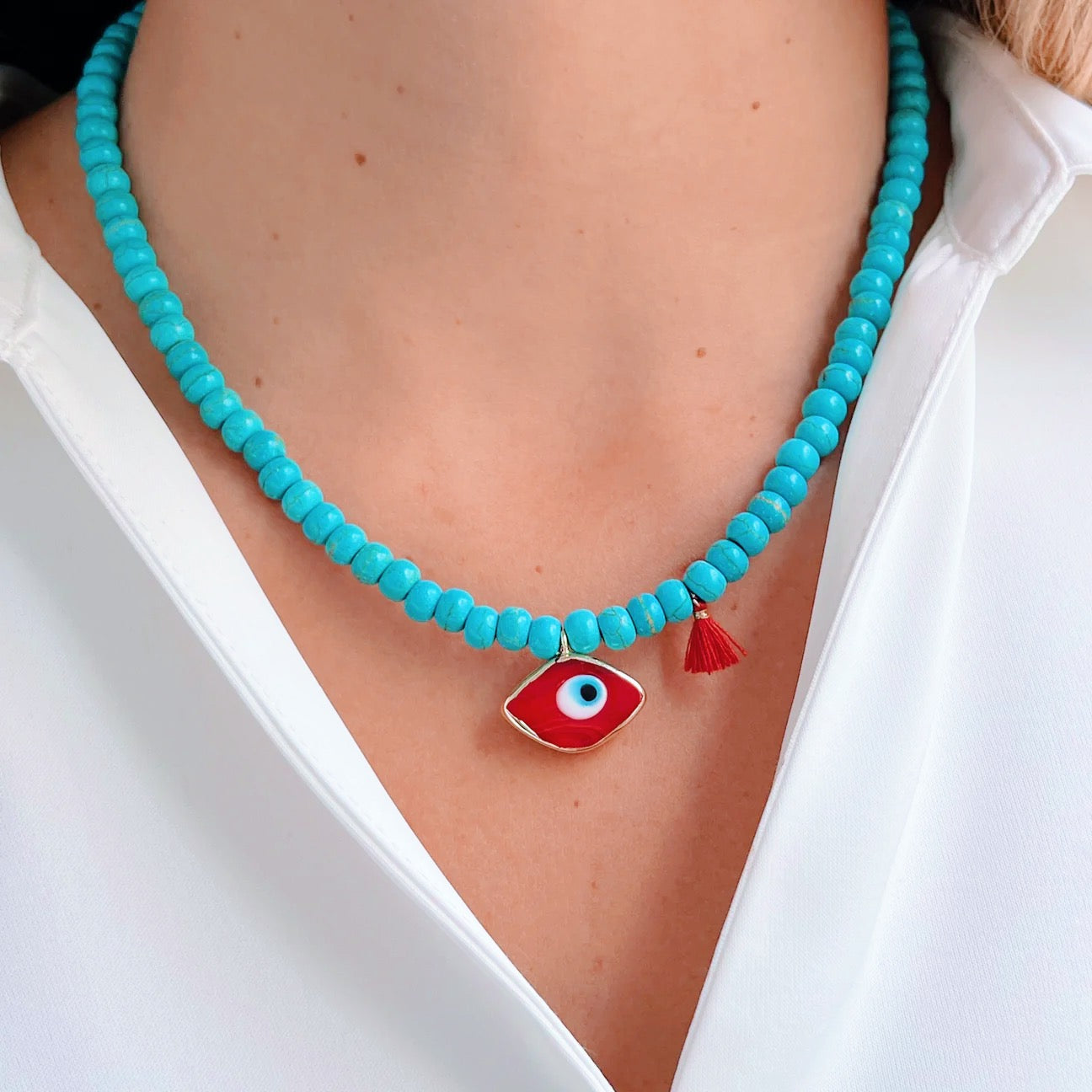 Turquoise Bead Necklace Red Murano Evil Eye