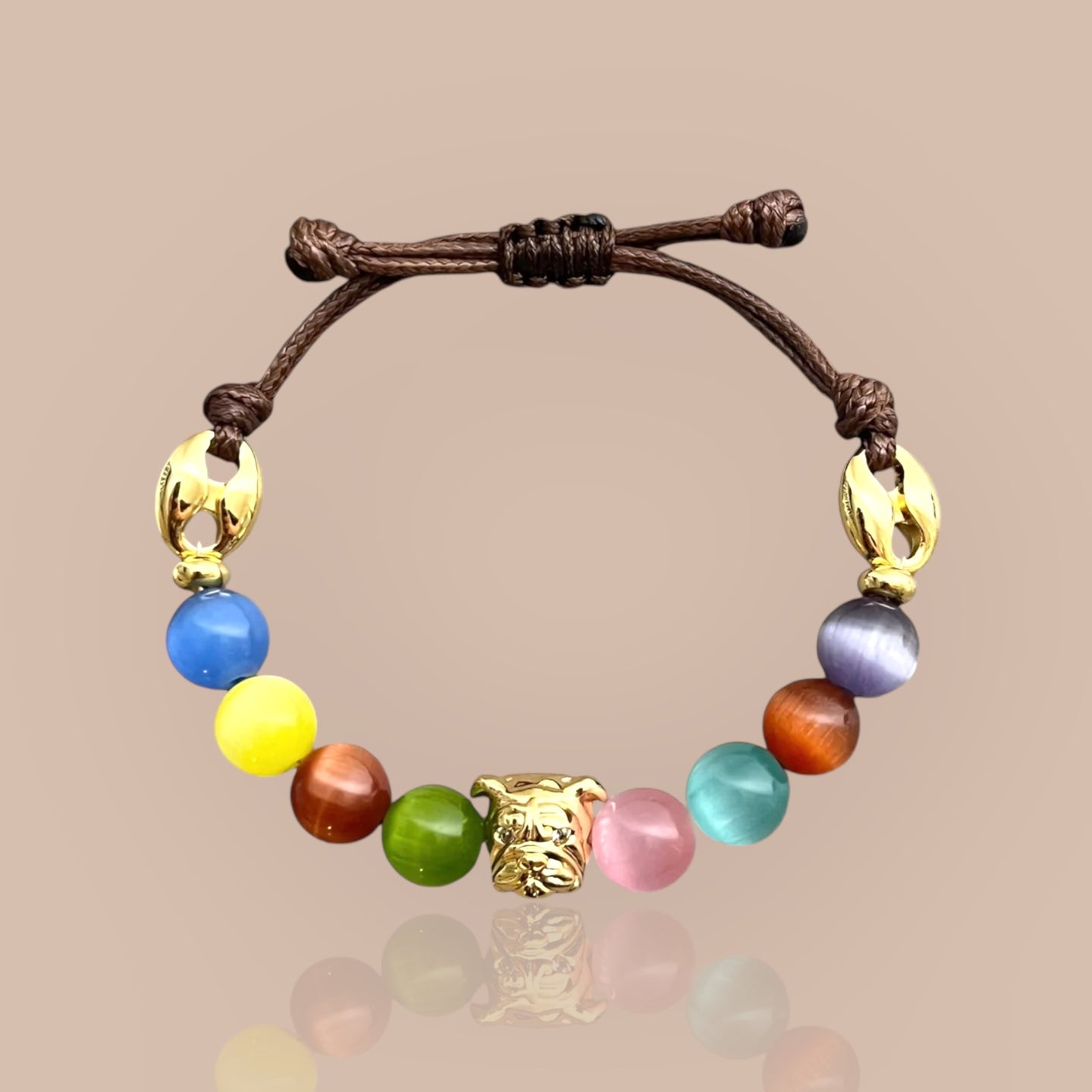 Multicolor Gemstone Bracelet with Bulldog Face Charm