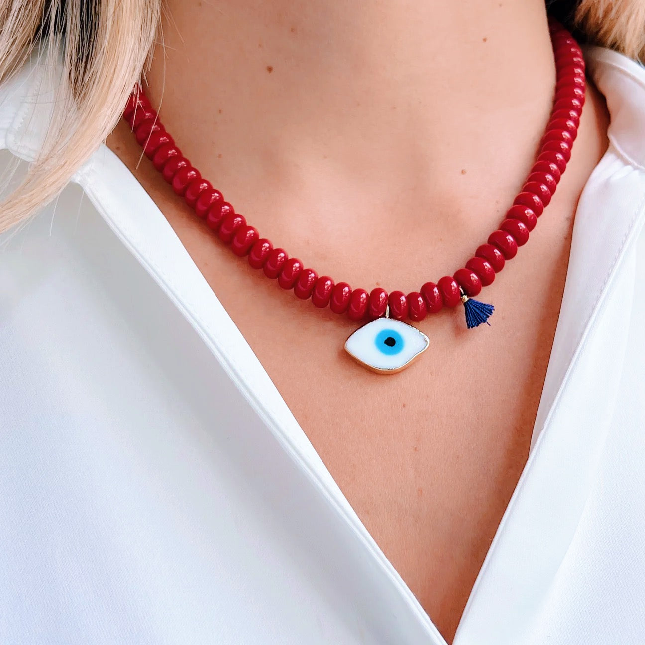 Red Bead Necklace with White Murano Evil Eye Pendant