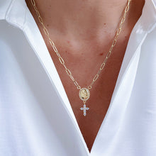 Load image into Gallery viewer, Model wearing St Michael Archangel Cross Necklace.
