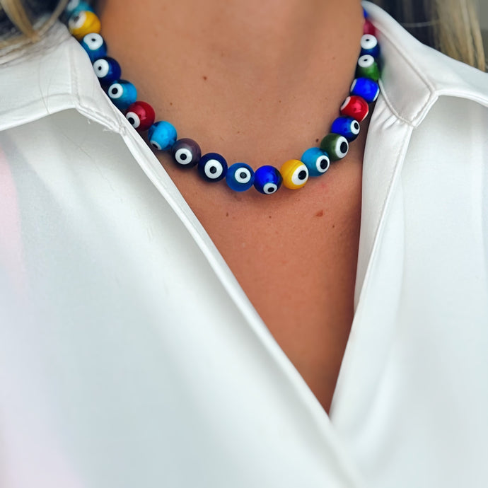 Necklace featuring multicolor evil eye beads, symbolizing protection and good luck.