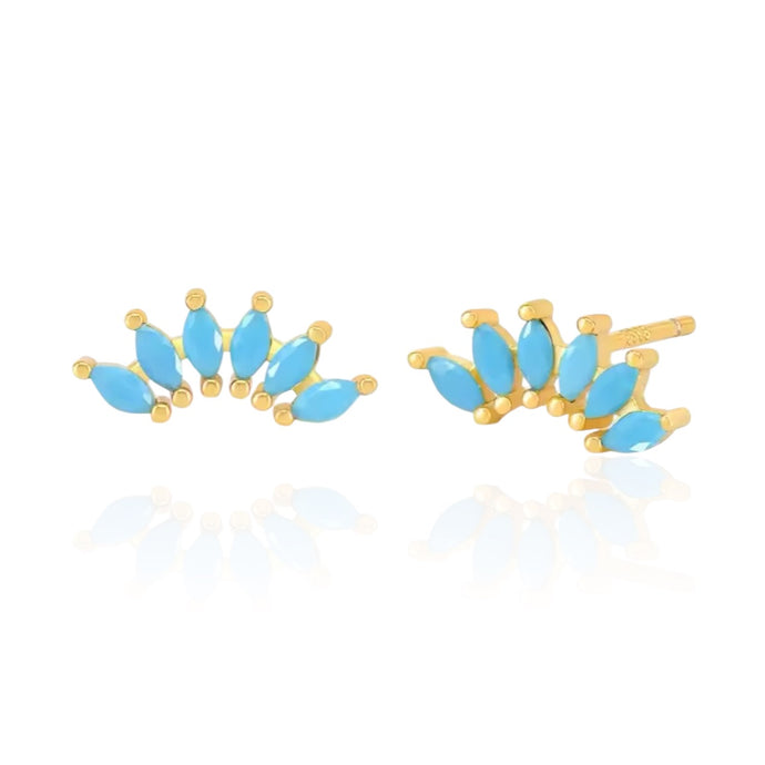 Close-up of turquoise leaf stud earrings in 18k gold-plated sterling silver.