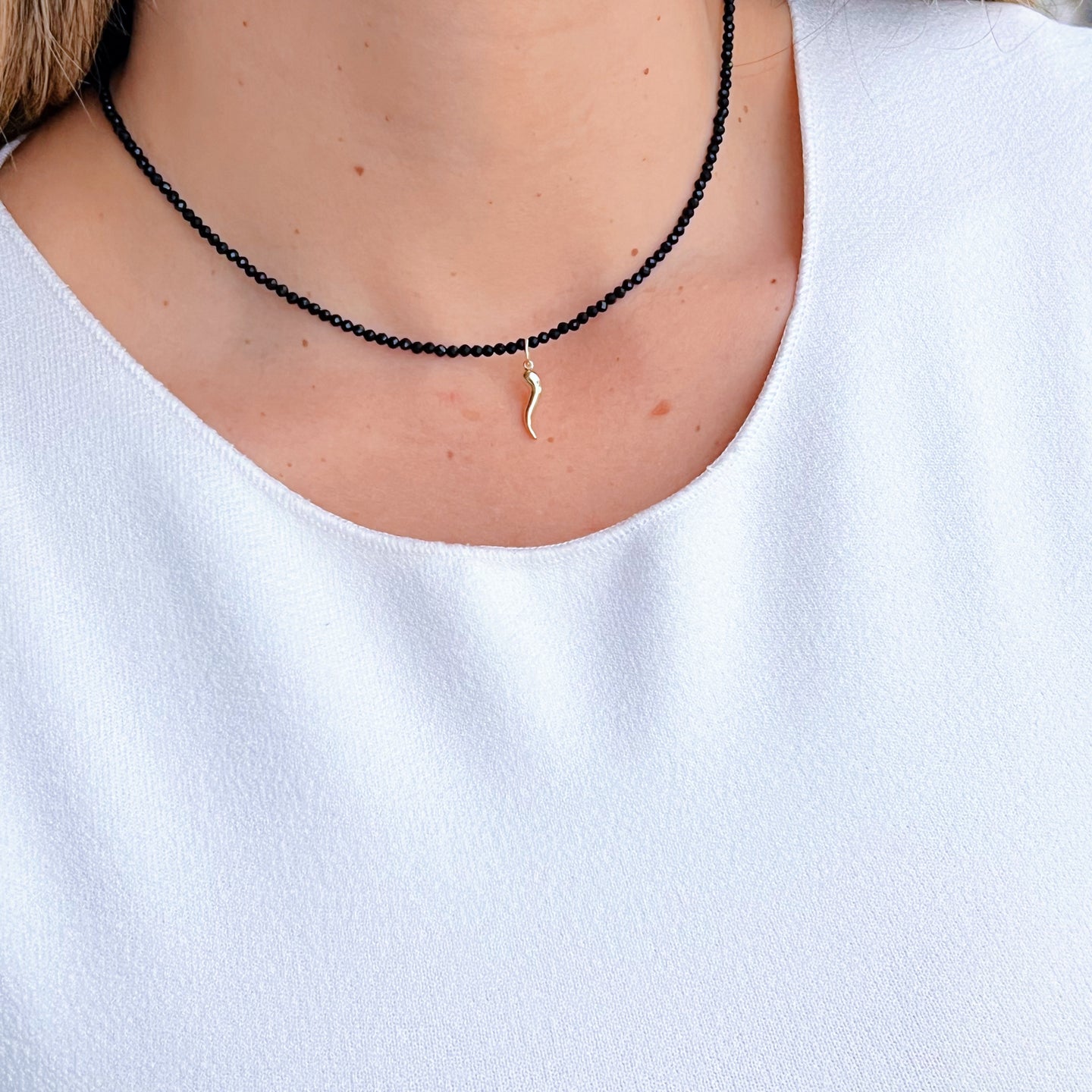 Good Luck & Protection - Black Spinel Necklace with 14K Solid Gold Cornicello