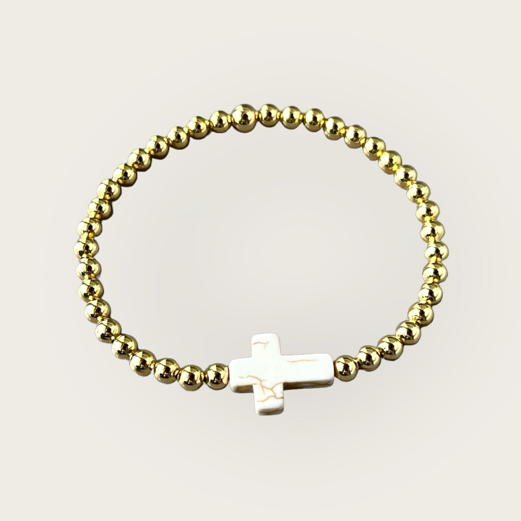 4mm White Cross Gold Ball Bracelet
