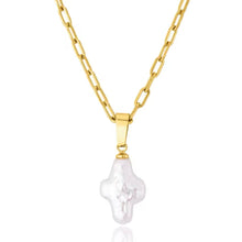 Load image into Gallery viewer, Close-up of Baroque pearl cross necklace in gold, highlighting the pearls and cross.
