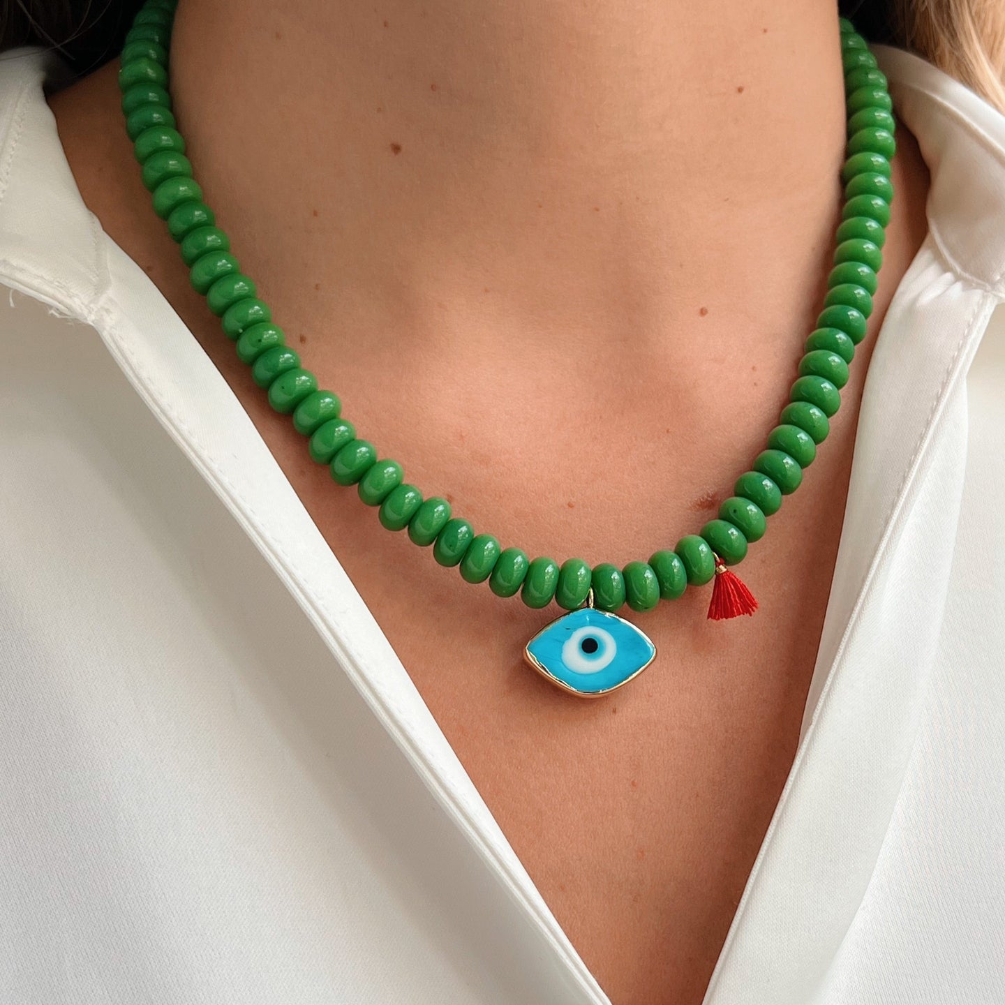 Green Bead Necklace with Blue Murano Evil Eye Pendant