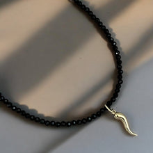 Load image into Gallery viewer, Good Luck &amp; Protection - Black Spinel Necklace with 14K Solid Gold Cornicello
