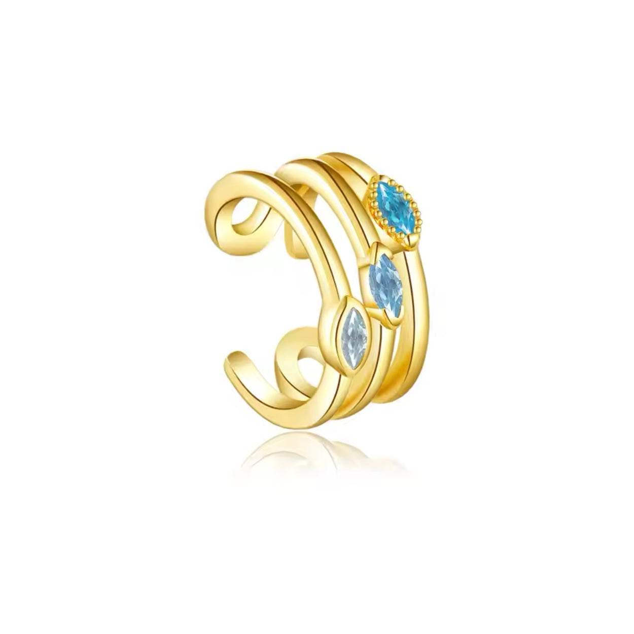 Close-up of Blue CZ ear cuff in 18k gold plated over sterling silver.