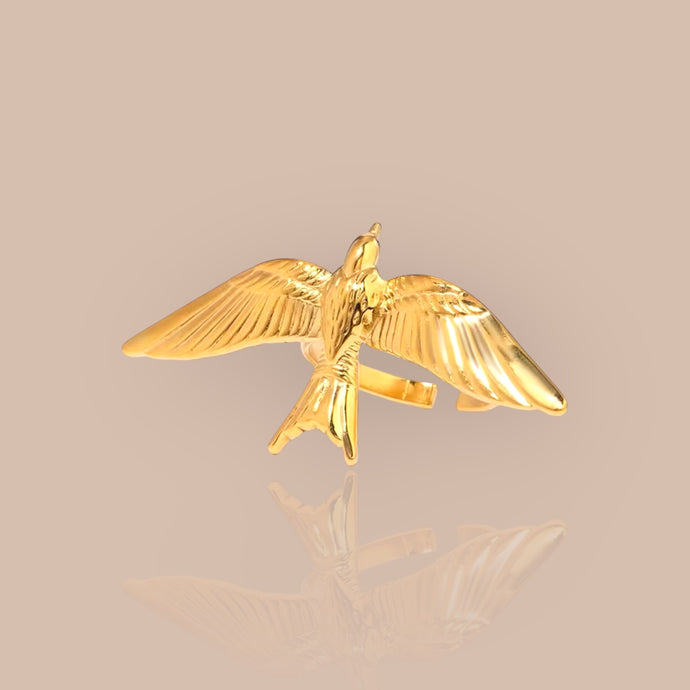 Seagull open ring made from 18k gold plated over stainless steel, showcasing a nature-inspired design.