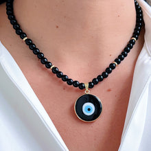 Load image into Gallery viewer, Black Onyx Bead Necklace with a Turkish Evil Eye charm in black glass, combining style and symbolism.
