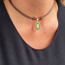 Load image into Gallery viewer, Adjustable brown cord necklace featuring a malachite stone and sparkling CZ details
