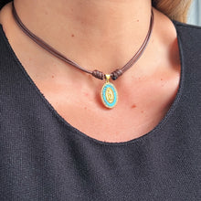 Load image into Gallery viewer, Adjustable brown cord on turquoise religious choker necklace
