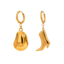 Load image into Gallery viewer, &quot;Cowgirl Hoop Earrings with cowboy hat and boots charms in 18k gold plated stainless steel.
