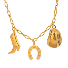 Load image into Gallery viewer, Close-up of Cowgirl Multi Charm Necklace with boot, horseshoe, and cowboy hat charms, 18k gold-plated
