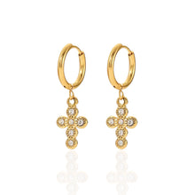 Load image into Gallery viewer, CZ Cross Hoop Earrings on display, featuring a cubic zirconia cross charm
