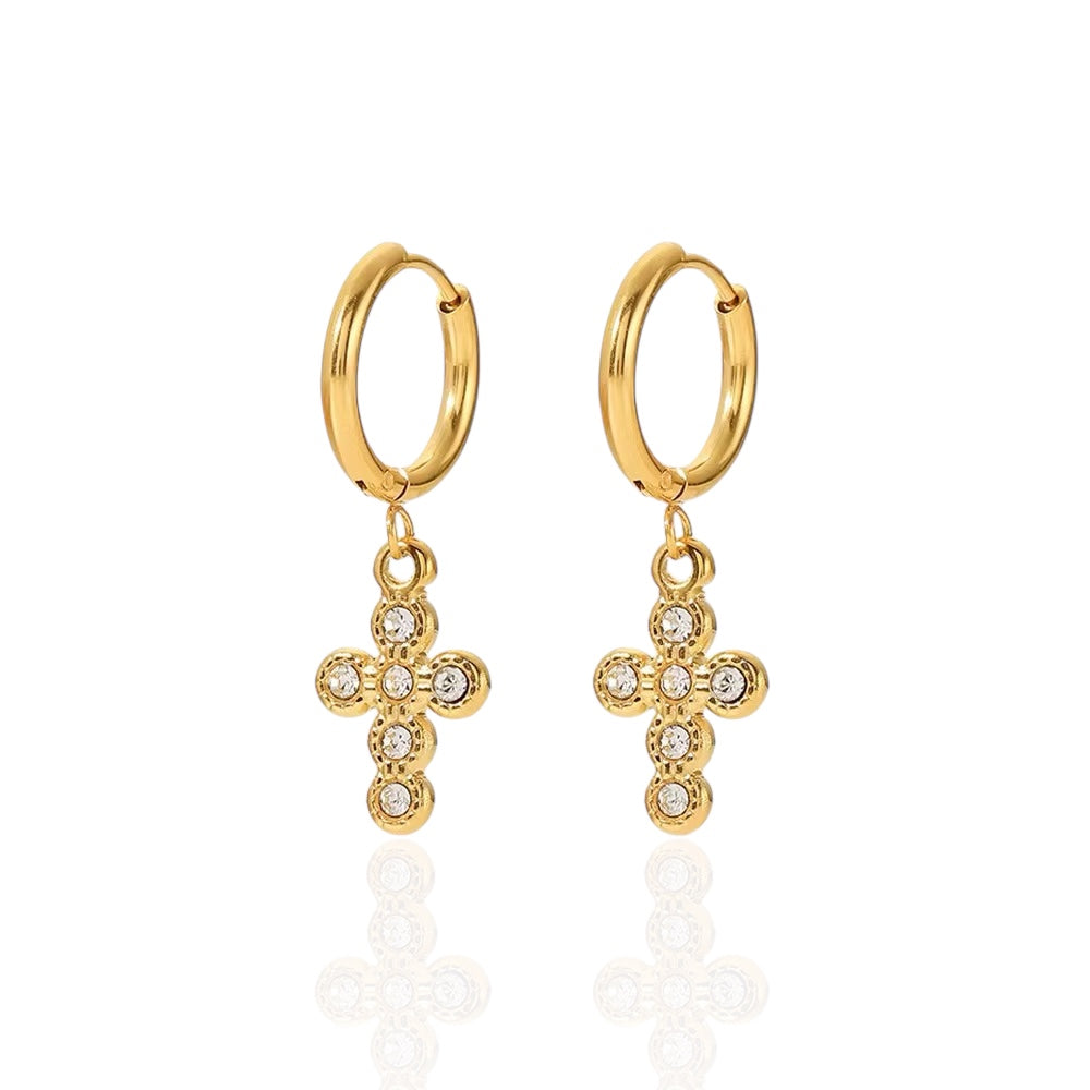 CZ Cross Hoop Earrings on display, featuring a cubic zirconia cross charm