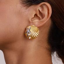 Load image into Gallery viewer, Gold Seashell Earrings with a Silver Starfish, two-tone design
