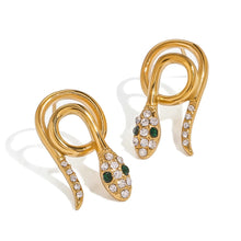 Load image into Gallery viewer, Close-up of gold Cz snake earrings with intricate details.&quot;
