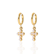 Load image into Gallery viewer, Pearl Cross Hoop Earrings featuring a freshwater pearl cross charm
