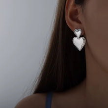 Load image into Gallery viewer, Silver Double Heart Earrings made from 18k silver-plated stainless steel
