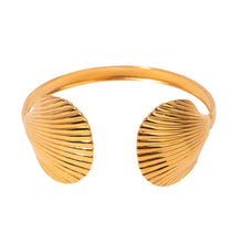 Load image into Gallery viewer, Gold seashell open cuff bangle bracelet for women, shown on a white background
