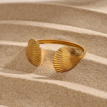 Load image into Gallery viewer, Close-up of tarnish-free gold seashell cuff bracelet, waterproof and hypoallergenic
