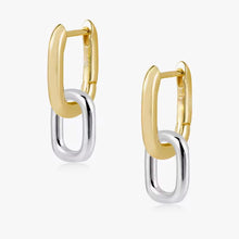 Load image into Gallery viewer, Two Tone Link Hoop Earrings displayed on a jewelry stand
